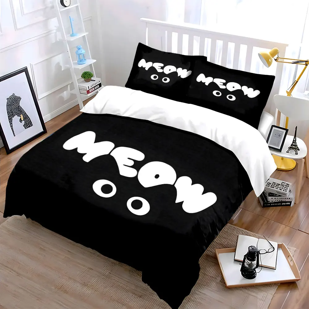 Black Background Meow Design Print Bedding Set 1 Duvet Cover 2 Pillowcases for Adult and Children Luxury Gift Full Size