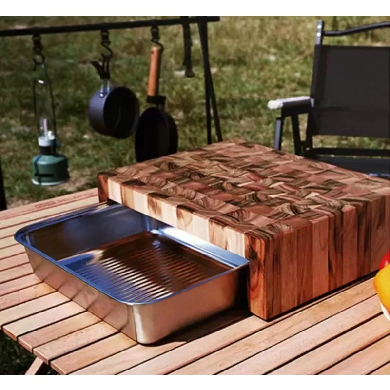 Wooden Prep Cutting Board With Storage Drawer Multi Use Serving Tray For Home Kitchen Fruit
