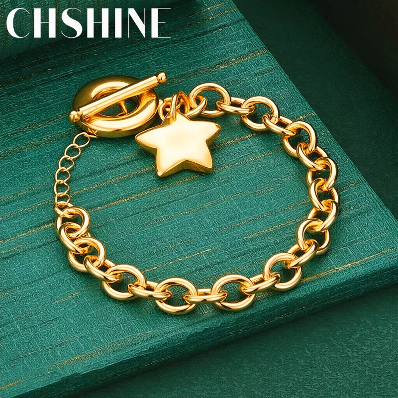 925 Sterling Silver 18K Gold  Solid Star Dangle Bracelet Chunky Oval Rolo Chain for Women Daily Wear Wedding Party Jewelry