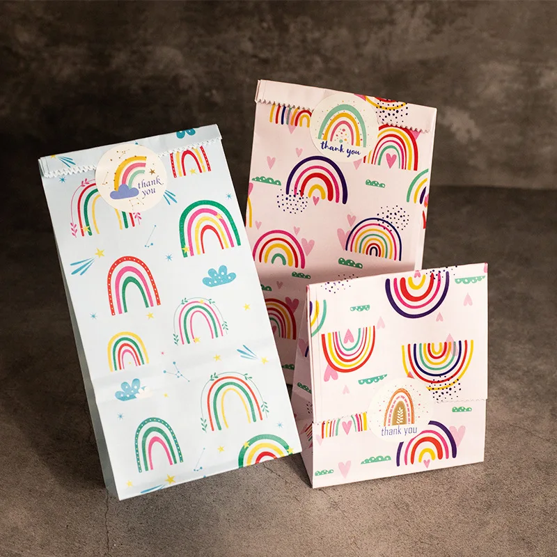 10Pcs Paper Candy Bag Rainbow Pattern Biscuit Cake Bag Birthday Party Decoration Baking Snack Gift Packaging Bag