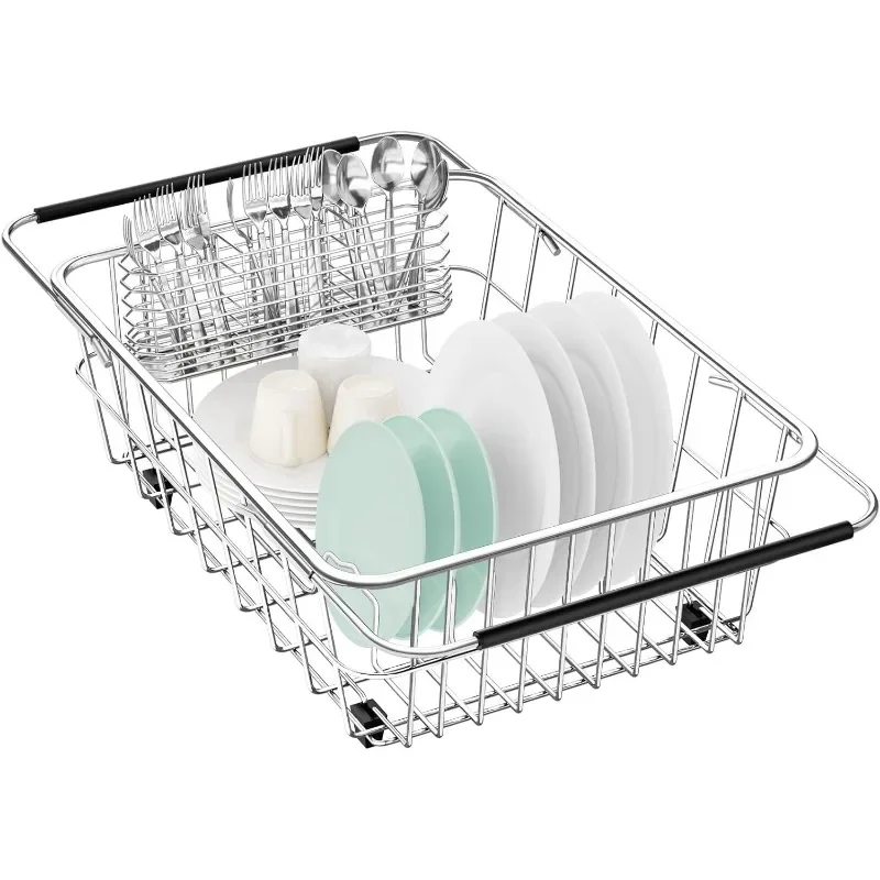 

Large Dish Drainer Rack in Sink Adjustable, Expandable 304 Stainless Steel Metal Dish Drying Rack Organizer with Stainless Steel