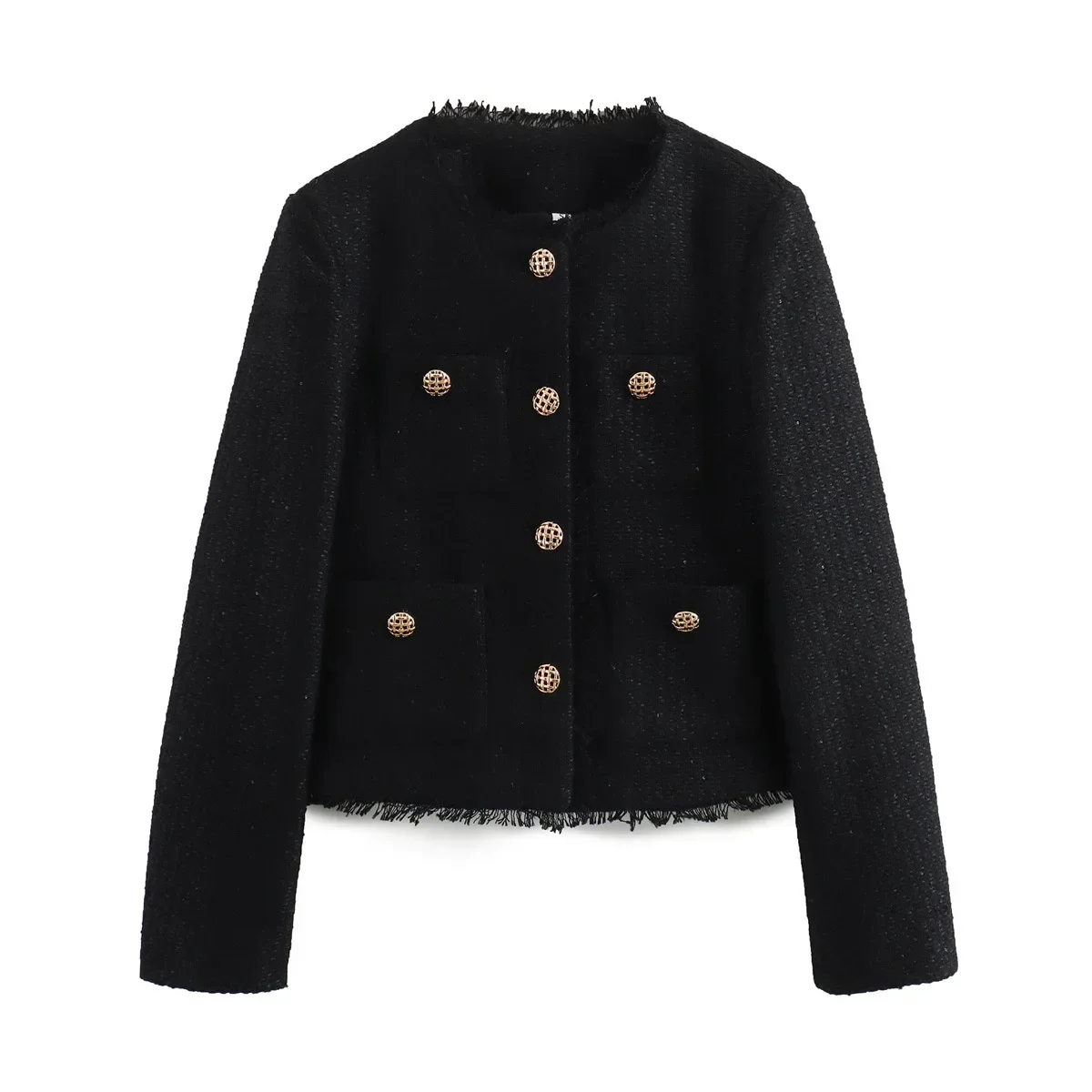 Spring Autumn New Metal Buckle Pocket Woollen Short Outside Single Breasted Coat for Women Jacket