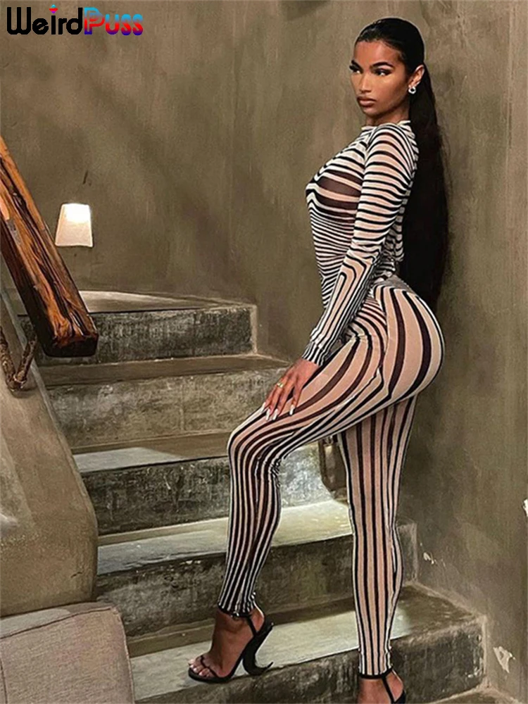 Weird Puss Sexy Mesh Striped 2-Piece Set Women Long Sleeve Crop Top+Skinny Pants Autumn Stretch Matching Trend Streetwear Outfit