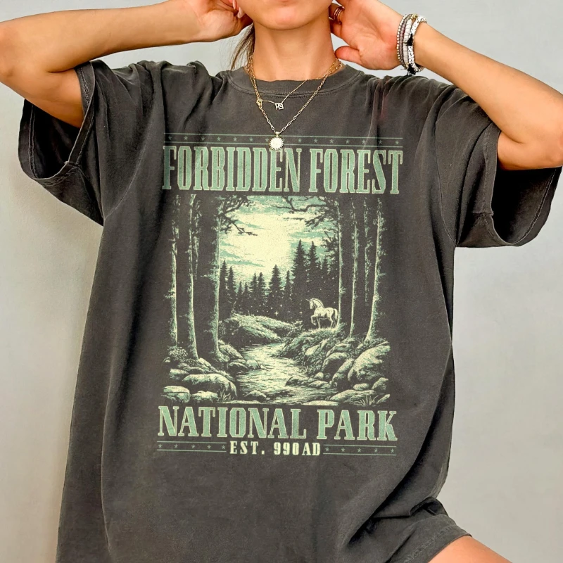 禁断の森シャツ、ブックイッシュコンフォートカラーズTシャツ、魔法学校Tシャツ、国立公園ウィザードシャツ、古着風の美学