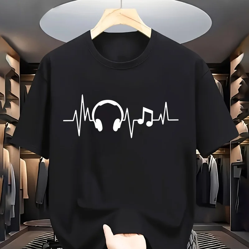 Interesting earphone music pattern printed T-shirt, men's fashionable trendy Korean-style T-shirt, daily sports T-shirt