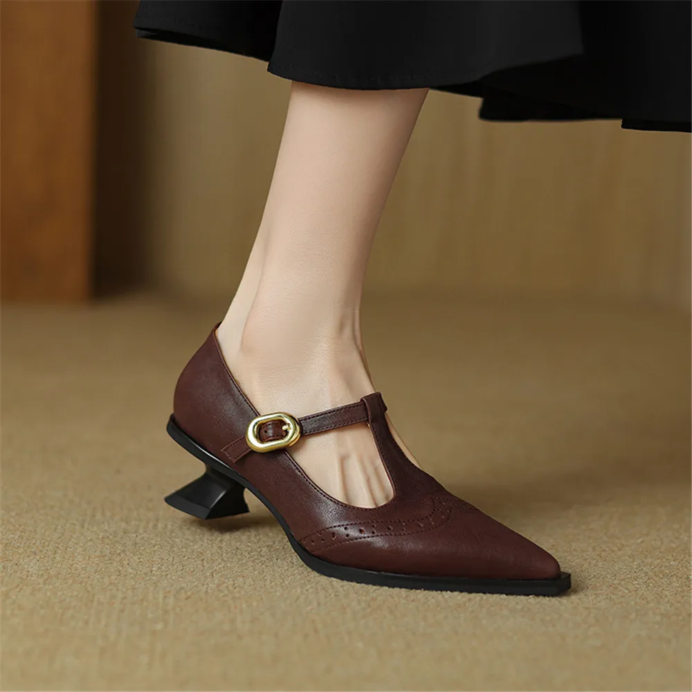 FEDONAS Retro Women Genuine Leather Pumps Sexy Pointed Toe T-strap Office Pumps 2024 New Women Spring Autumn Pumps Shoes