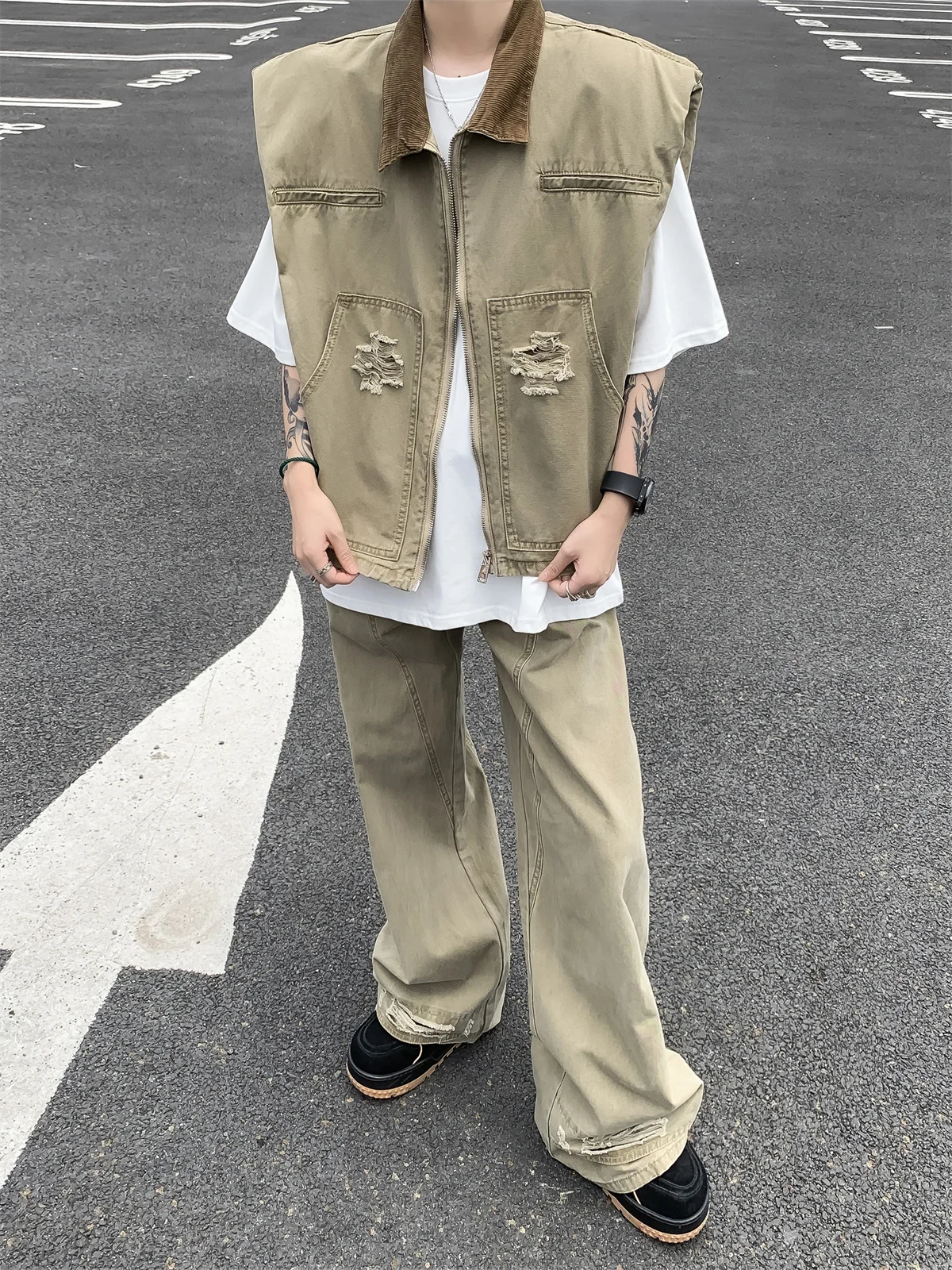 

American Khaki Denim Set Men's Street Sle Haome Trendy Brand Ripped Casual Collared oulder Pad Vest Cool Outfit