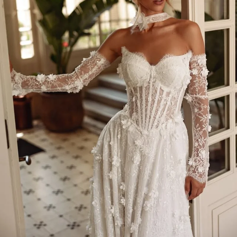 사용자 정의 간단한 새틴 스타일 아이보리 화이트 v 넥 스파게티 아플리케 웨딩 드레스 a 라인 3d 꽃 신부 가운 제작