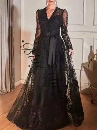 Abito a maniche lunghe personalizzato 2025 Abiti da sera sexy con scollo a V profondo Elegante applique A-Line Abiti lunghi fino al pavimento Abiti da sposa