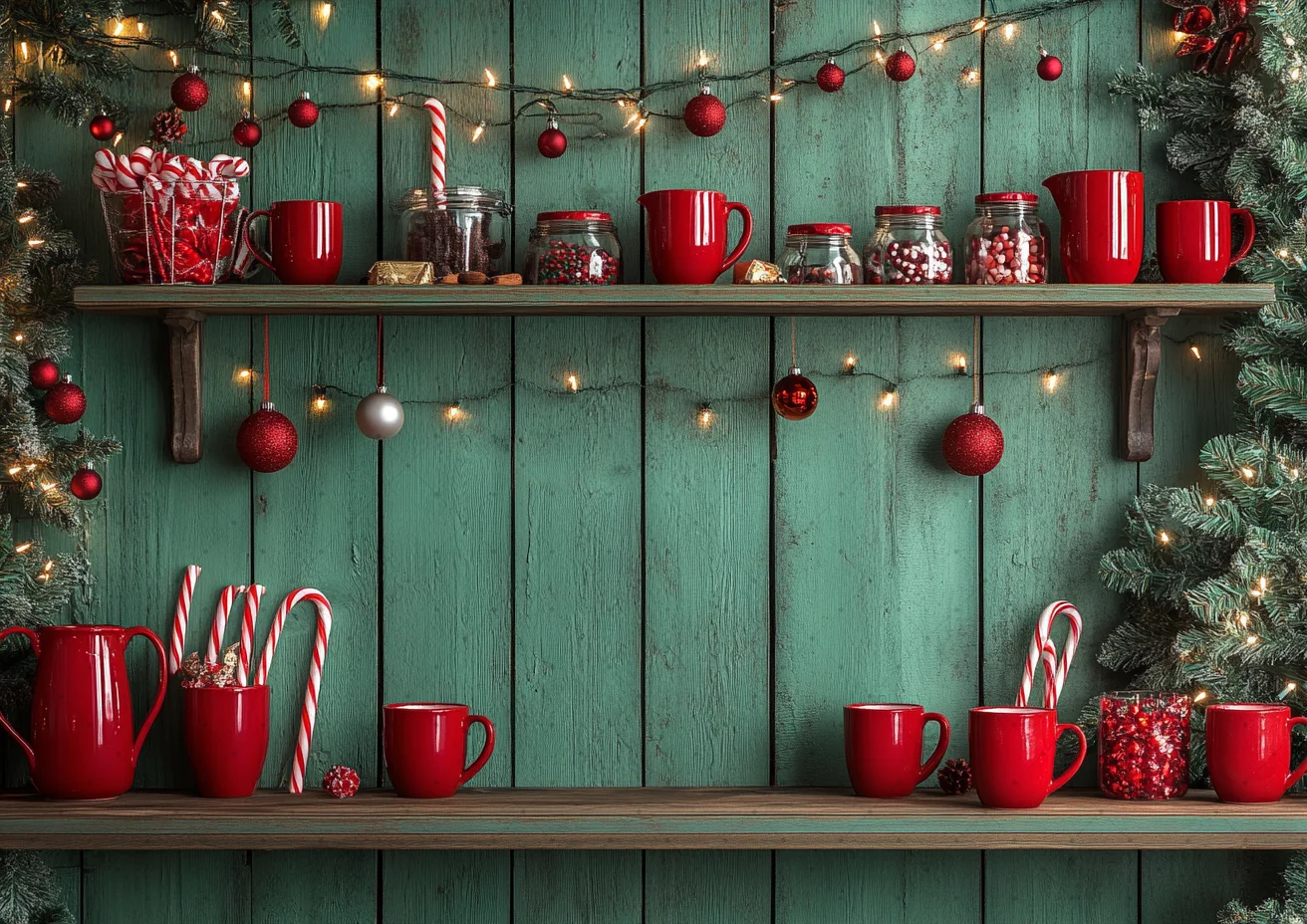 

Christmas Hot Cocoa Cabinet Background Photography Green Dessert Table Xmas Tree Gift Backdrop Winter Family Photozone