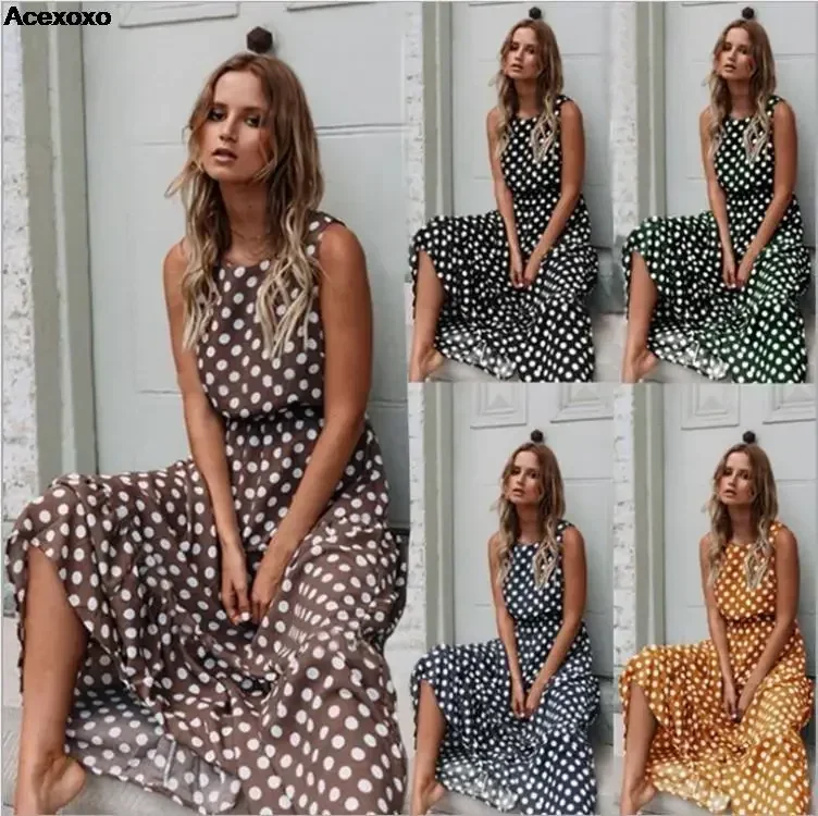 

Spring and summer new women's fashion casual print polka dot round neck sleeveless waist dress