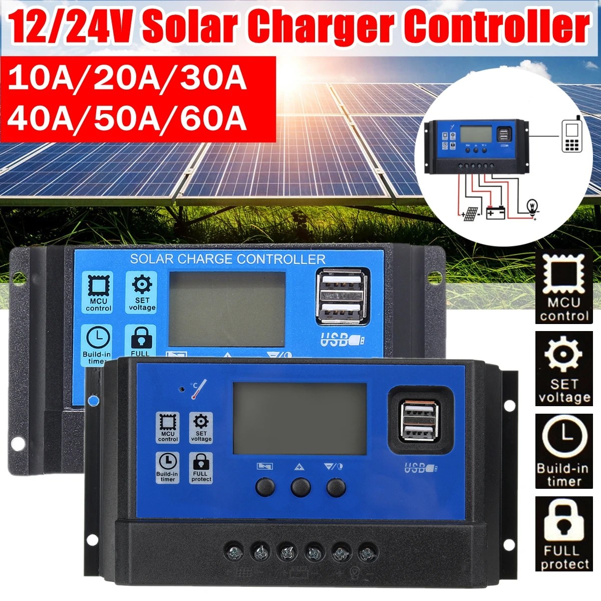 

12V/24V 60A 50A 40A 30A 20A 10A Solar Controller Solar Regulator PWM Battery Charger LCD Display Dual USB 5V Output