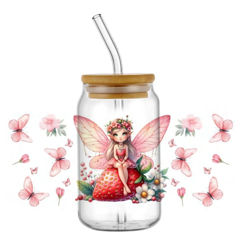 Beautiful Butterfly Girl 16OZ Strawberry UV DTF Cup Wraps Transfer Sticker For Glass Libbey Can Bottle Selfadhesive Washable DIY