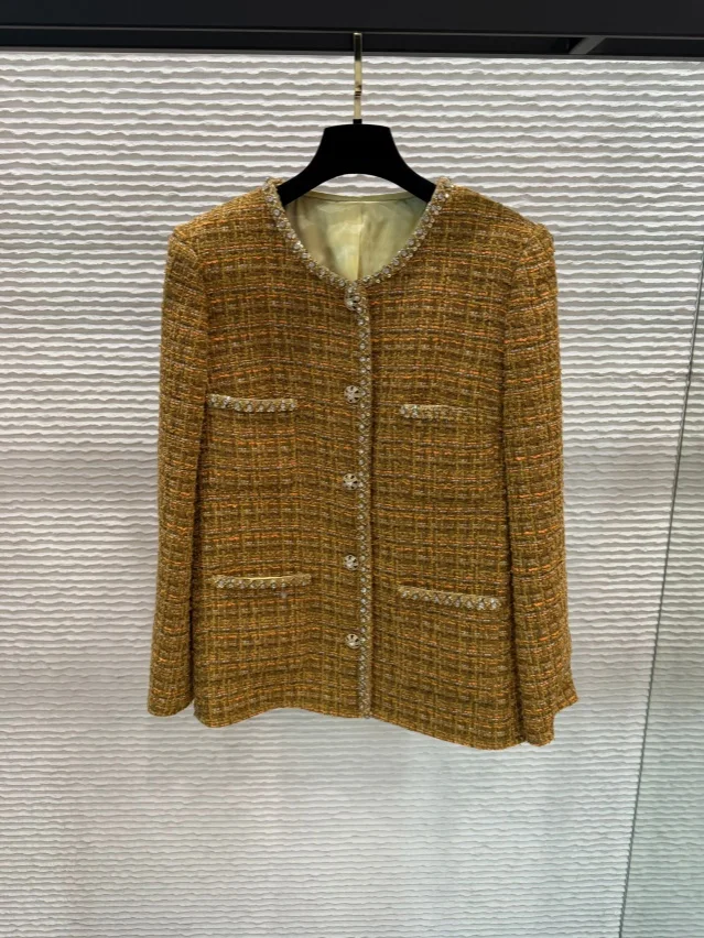 

Tweed Diamond Embellished Single-Button Coat Women's round Neck Yellow Plaid Versatile Early Spring Outerwear