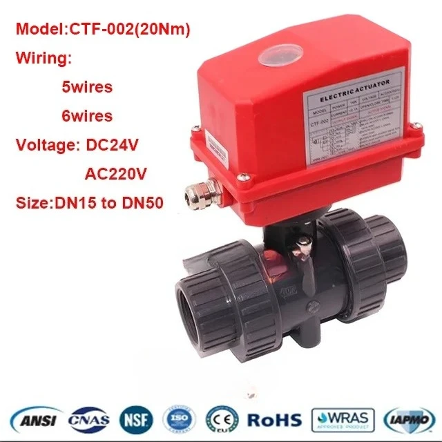 electric Water Valve CTF-002 5wires 6wires DC24v AC220v DN15 DN20 DN50 2 Way UPVC Ss304   Electric Motorized Water Ball Valve