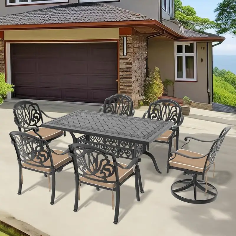 

7-Pc All-Weather Cast Aluminum Dining Set with 2 Swivel Chairs, 4 Dining Chairs & Rectangular Table, Black Frame