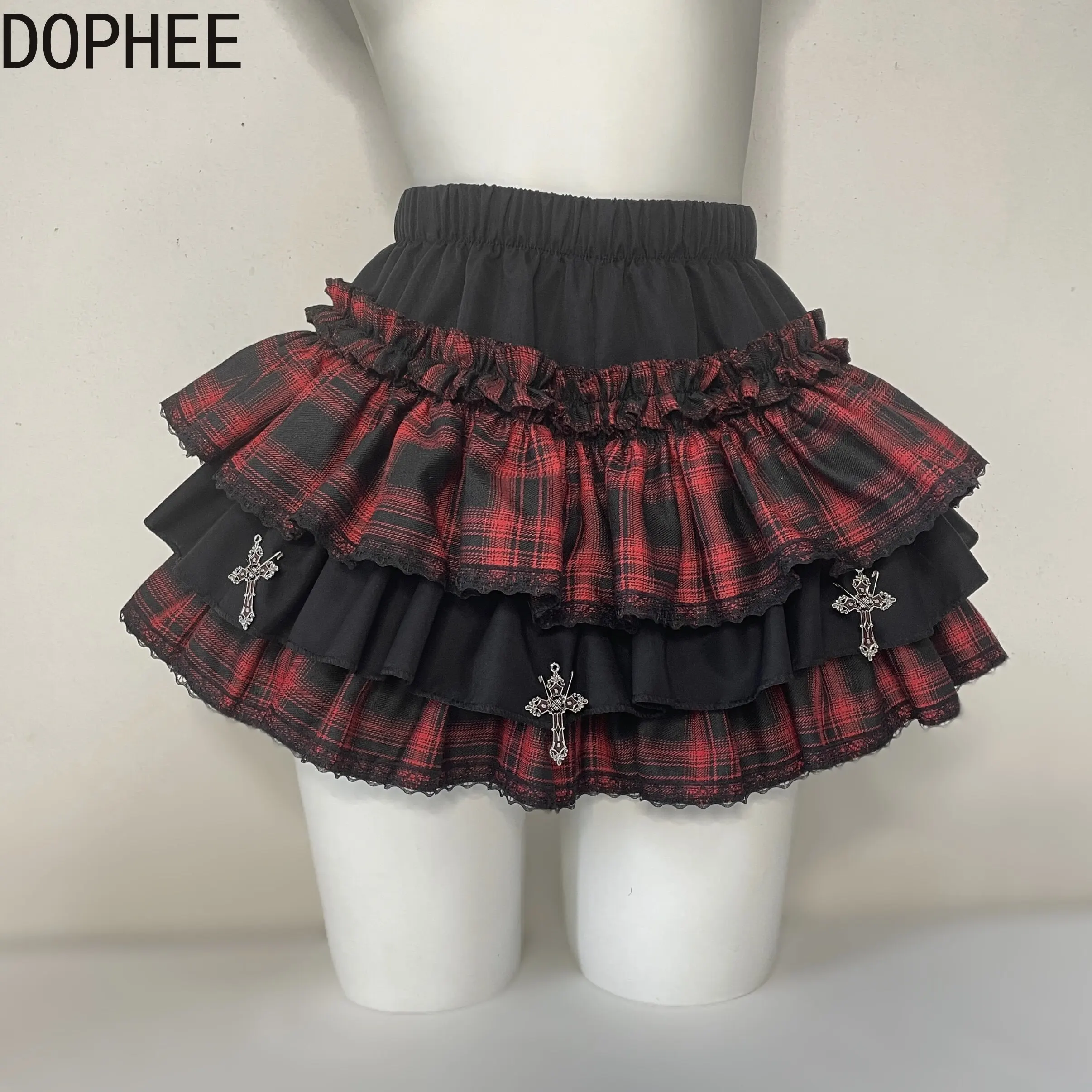 Japanese Patchwork Check Subculture Cake Skirt New Spring Summer Elastic Waist Gothic Cross Pendant Spice Girls Punk Mini Skirts