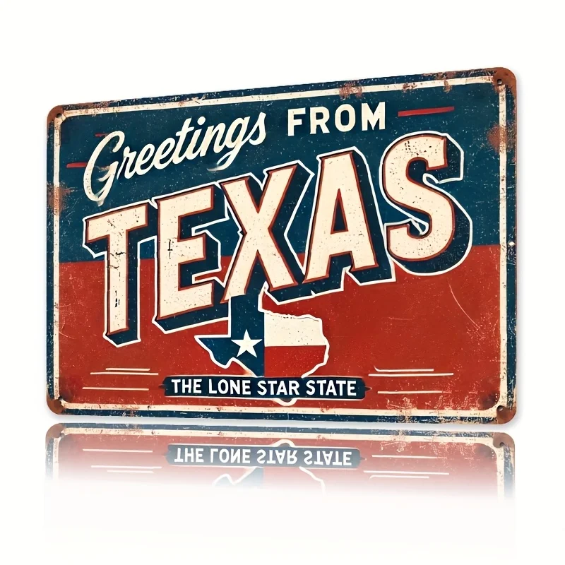Texas Tin Sign - Rustic Iron Wall Decor with American Flag & Lone Star State Design, Distressed Finish, Perfect for Home, Bar,