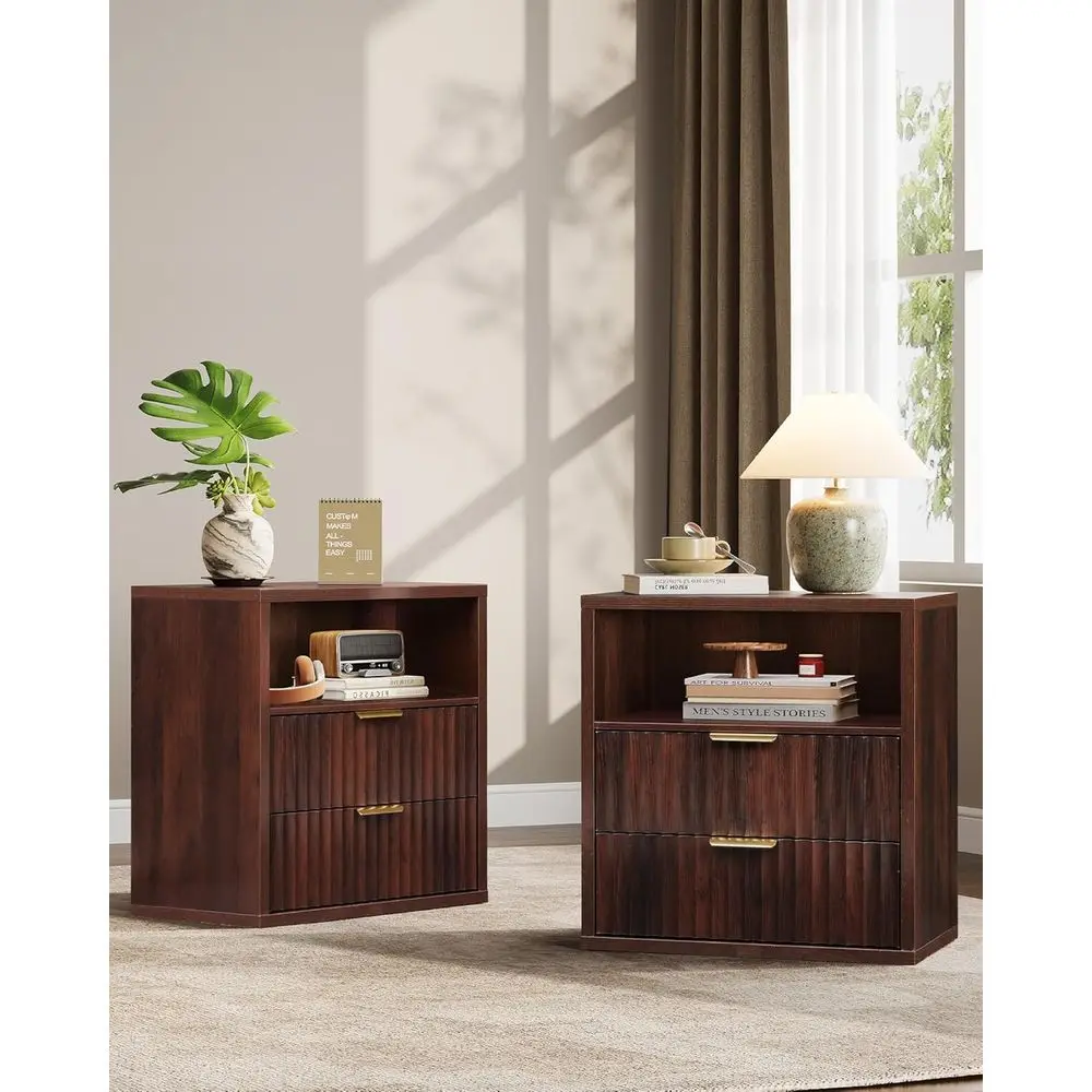 luted Night Stand Set 2, Wood Nightstands Sets o 2 with Storage Ders and Open Shel, Century ern Bed Side Tables or Bedroom, Dorm