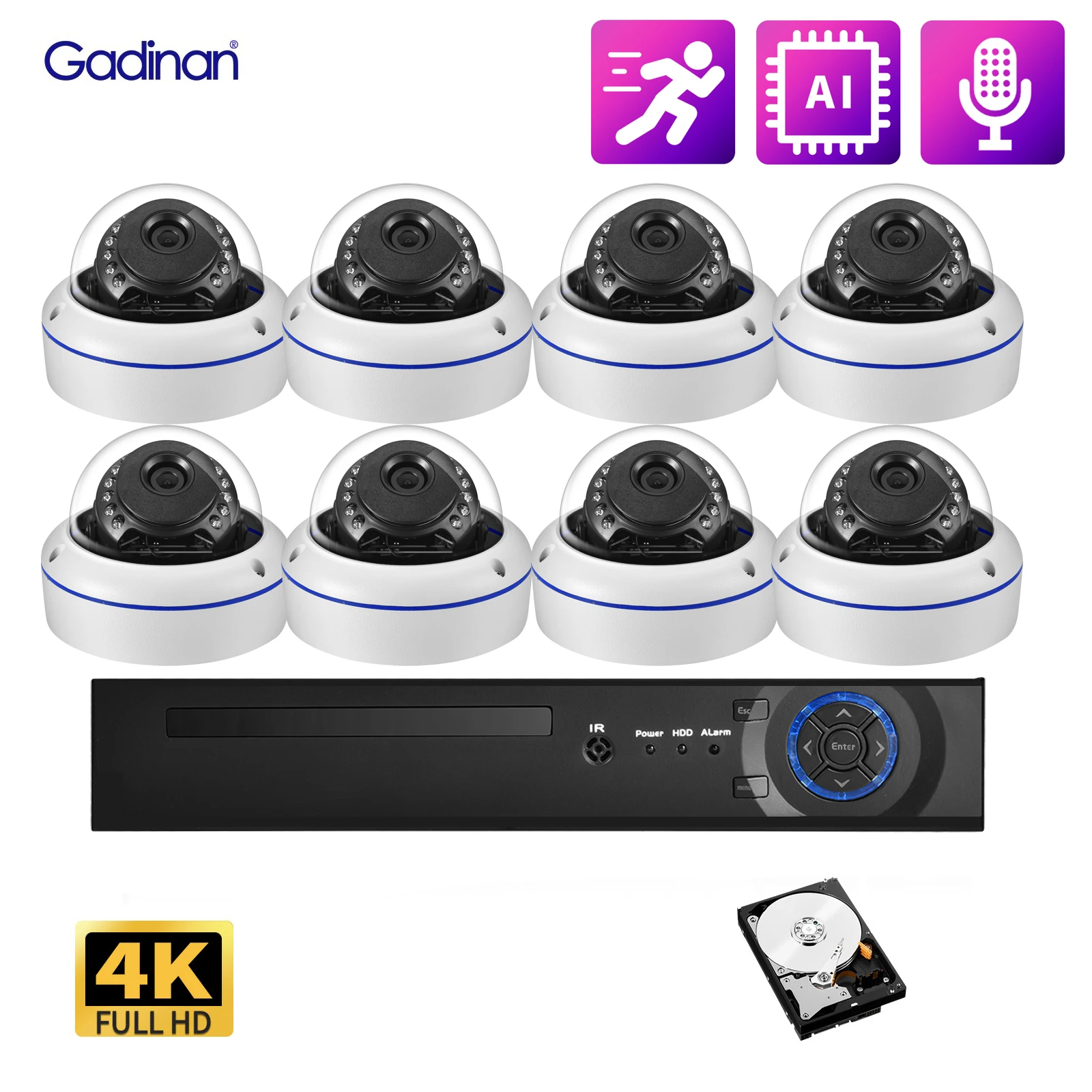 

Gadinan 8MP 4K Ultra HD IP Camera Motion Detection Outdoor Audio Video Surveillance POE NVR Built-in 8 POE Ports Monitor Kit