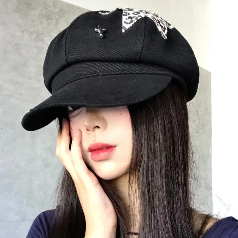 New Leopard Print Star Patch Design Beret Spring and Autumn Personalized Large Octagonal Newsboy Painter Hat for Women's Cap