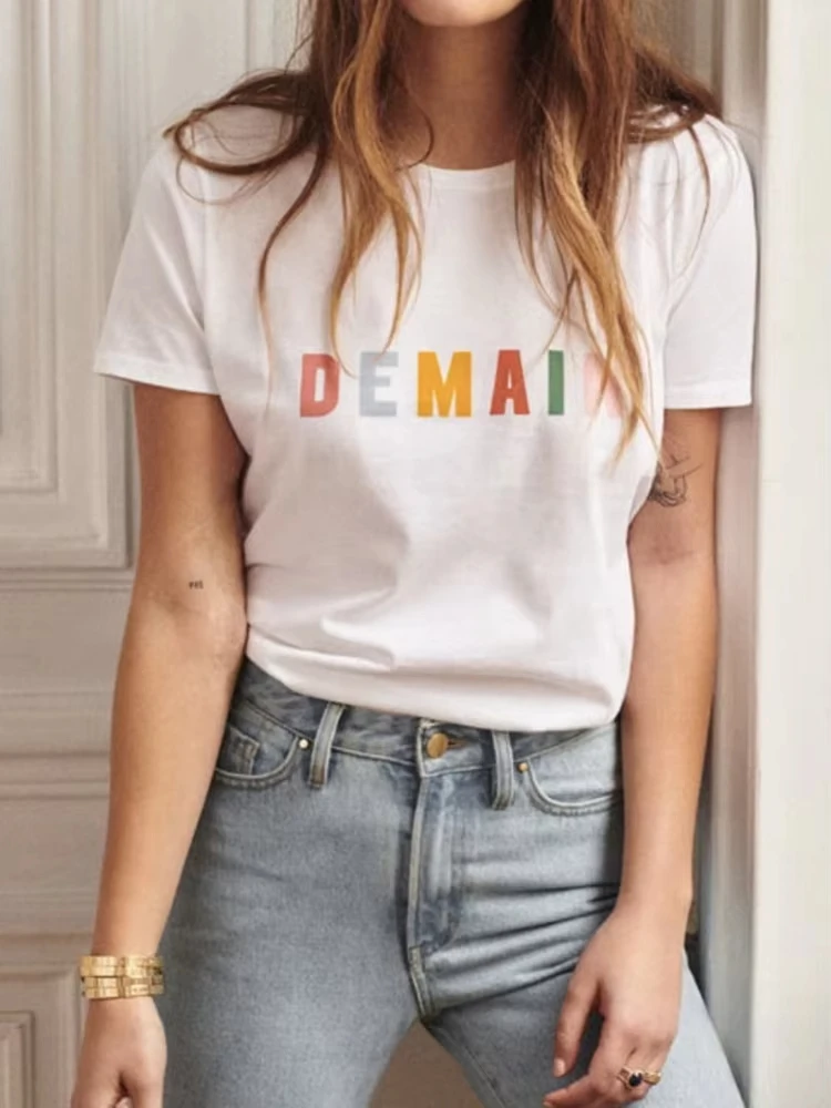 

Women French Letter Printing Tshirt White or Gray Cotton Loose Casual 2025 Summer New Ladies Tees