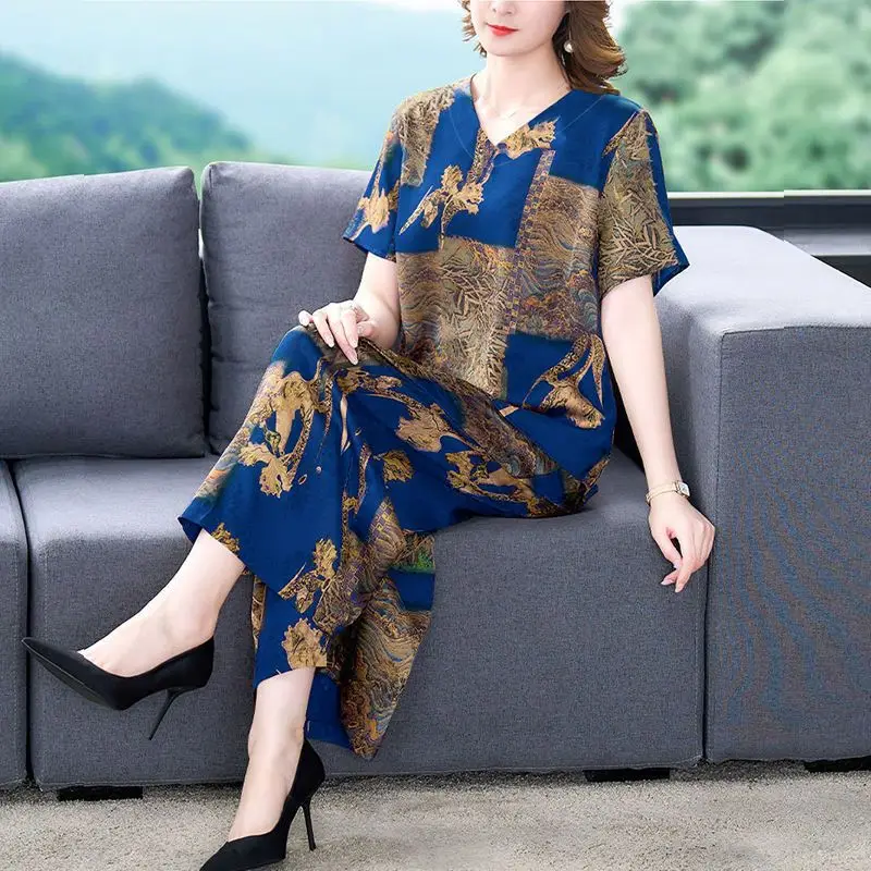 Women Suit Retro Imitation Ice Silk Printing Wide Leg Pants 2024 Spring Summer New Fashion Loose Short Sleeve Tops Two Piece Set