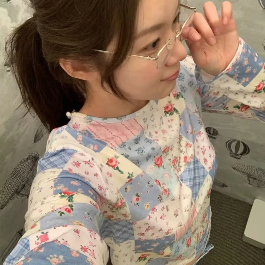 

Ретро Dongda Gate Smoothmod круглая футболка Ne Charlotte с цветочным принтом в стиле пэчворк Long Sve Base T, хлопковая женская футболка Thiened