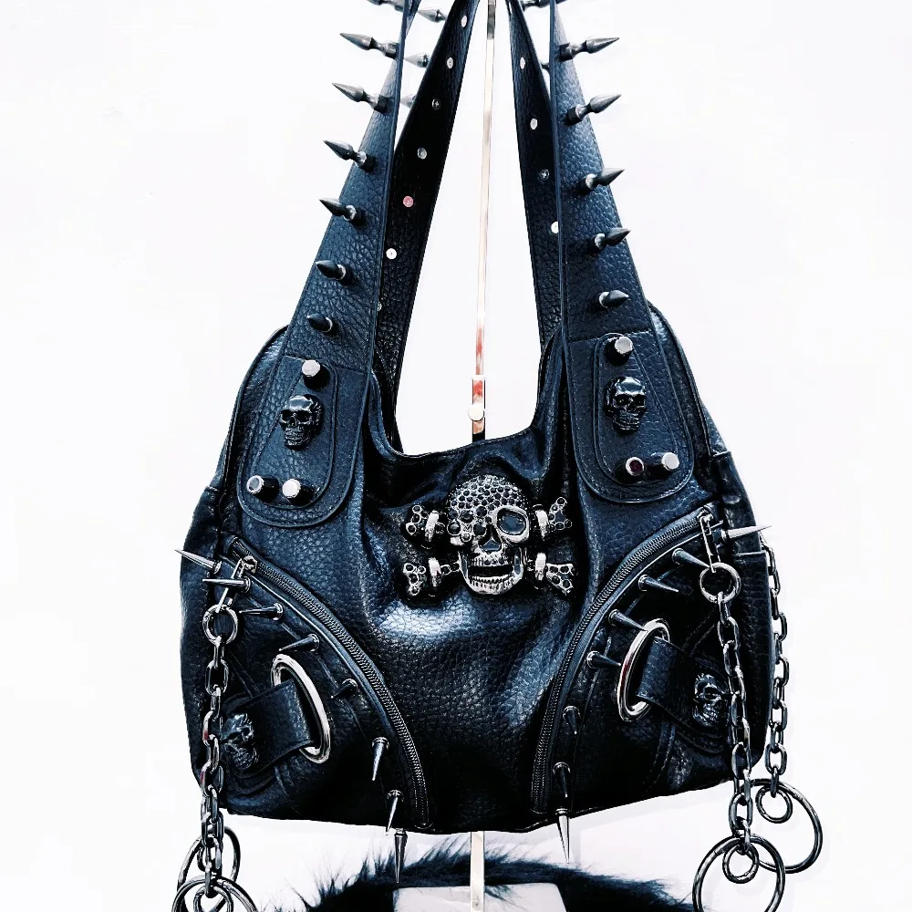 Original Punk Style Black Leather Hip Hop Rock Metal Bag Rivet Skull Bag Goth Punk Shoulder Bag