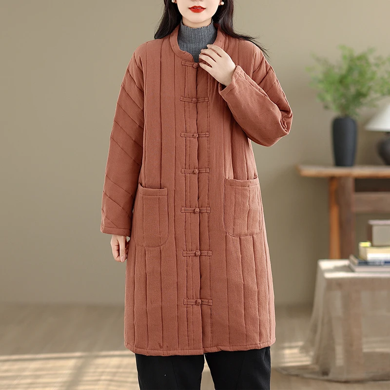 جديد الصينية Sle المرأة Thiened القطن Jaet شتاء جديد الكتان منتصف طول الرجعية زر القطن معطف الركبة طول اللون #5