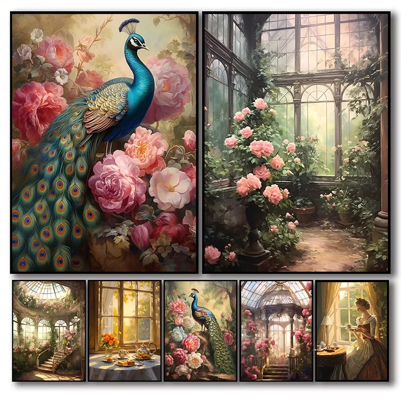 Victorian Era Oil Painting Wall Art Vintage Peony Peacock Floral Canvas Print Botanical Bird Decor for Greenhouse Conservatory