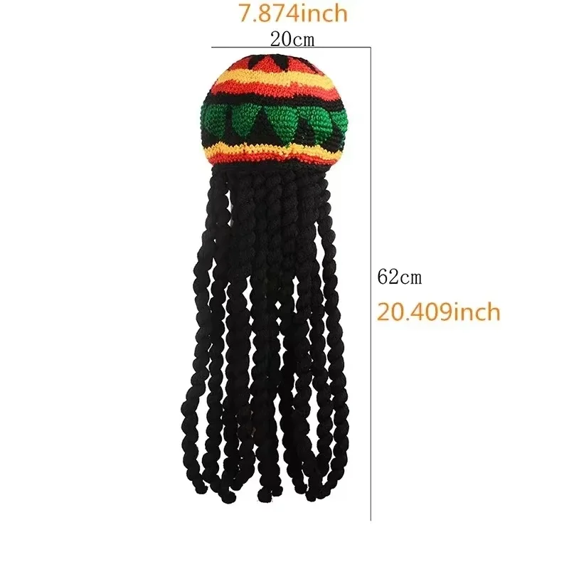 2025 New Unisex Knitted Braid Hat Jamaican Bob Rasta Beanie Hats Hip Hop Cap Dreadlocks Wig Bob Marley Caribbean Fancy Dress Hat view 3