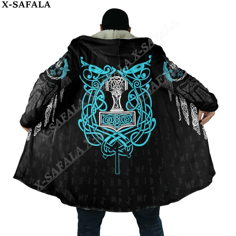 Symbol Viking Tattoo Raven Odin Overcoat Coat 3D Print Thick Warm Hooded Cloak  Men Windproof Fleece Unisex Casual-30