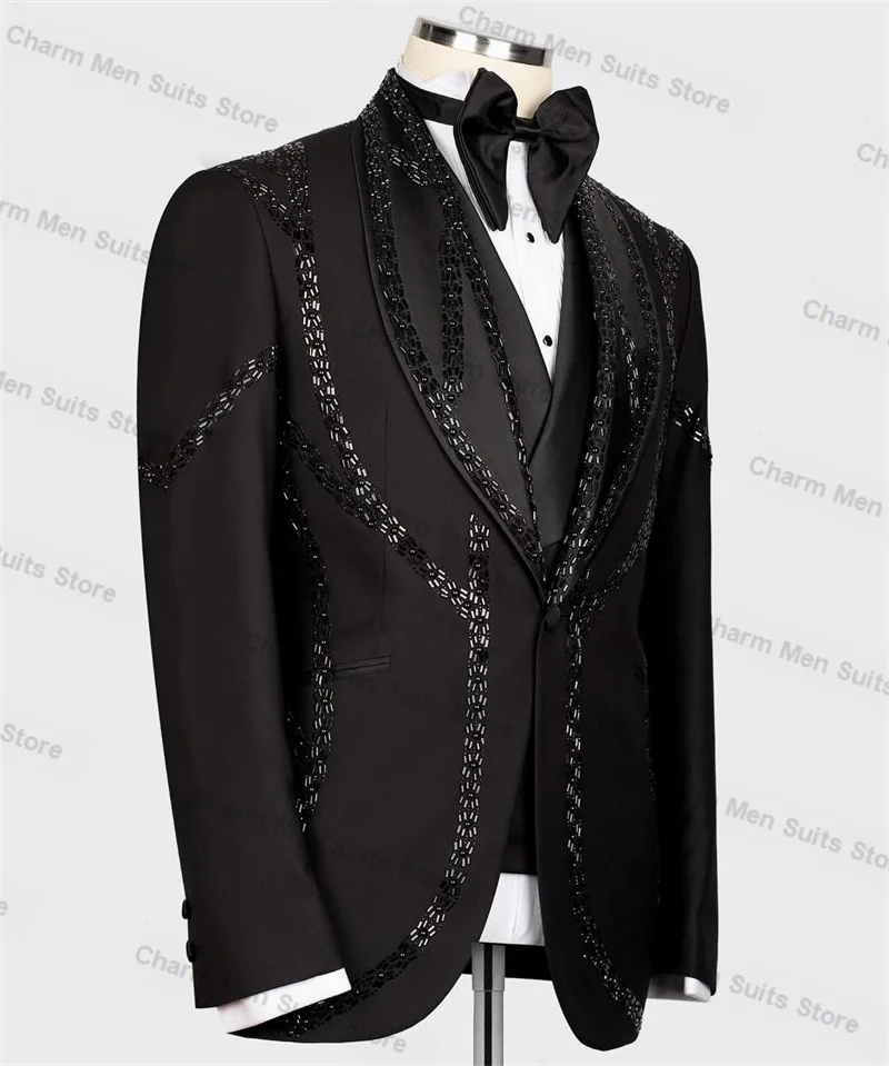 Black Crystals Men Suits Pants Set 2 Piece Blazer+Trousers Customized Groom Wedding Tuxedo Formal Office Jacket Prom Outfit