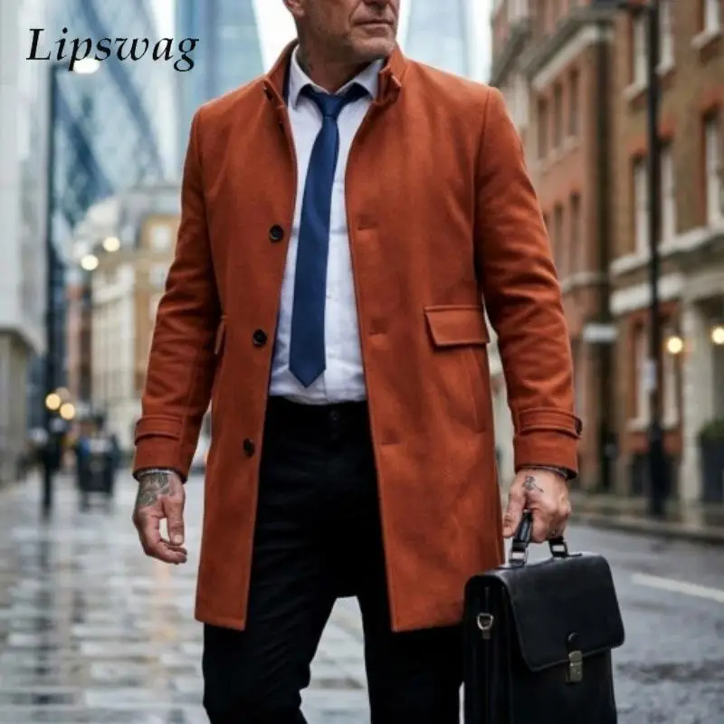 Fashionable Mens Stand Collar Mid-length Woolen Coats 2026 Winter Solid Color Loose Daily Outdoor Outerwear Male Thickened Warm