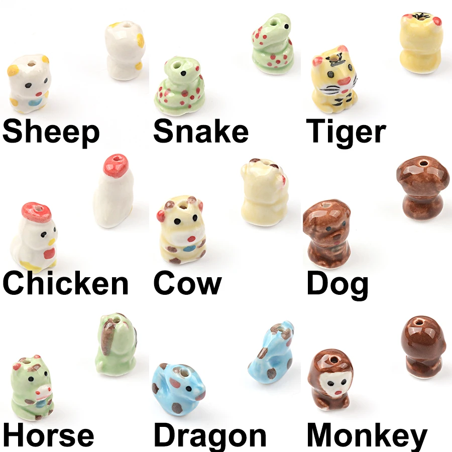 New Hand-painted 12 Chinese Zodiac Signs Ceramic Beads Cute Animal Pendant Beads Bracelet DIY Accessories