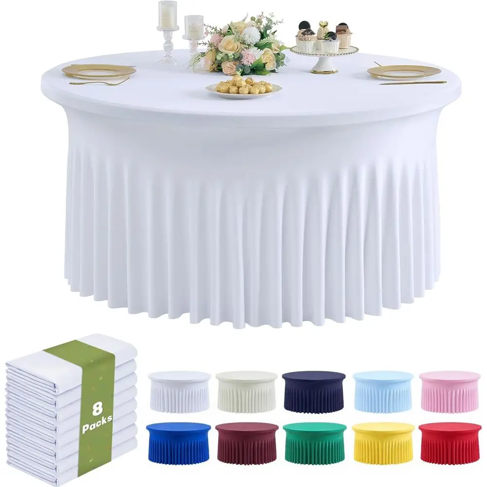 

8 Pack Spx 72in/6T White Round Tablecloth, Stretchy 132inch itted 6T Round Table Cloths, Wrinkle ree Table Cover with Skirt or W