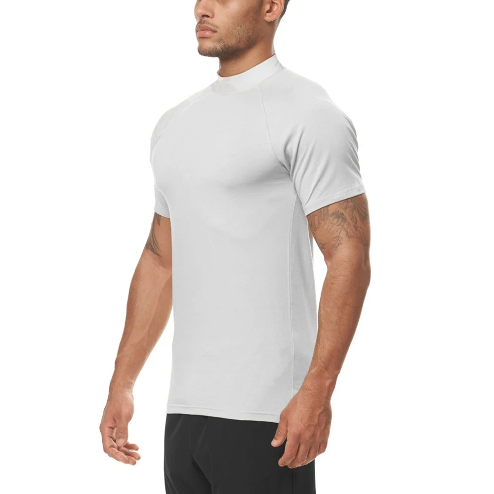 Compression Short T Shirt Men Gym Bodybuilding Tight Clothing Fitness Mens Sports Shirt Turtleneck Muscle T-shirt Workout Tees