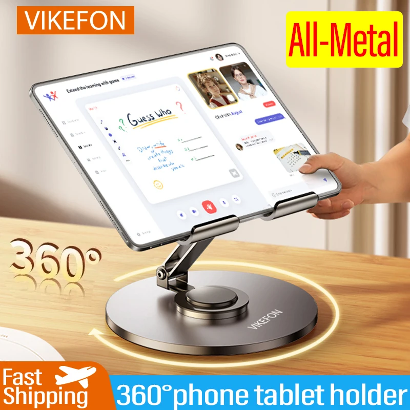 VIKEFON 360 Tablet Desk Mobile Phone Holder Stand Foldable Lazy Bracket Adjustable Alloy Aluminum Desktop Mount For iPhone iPad