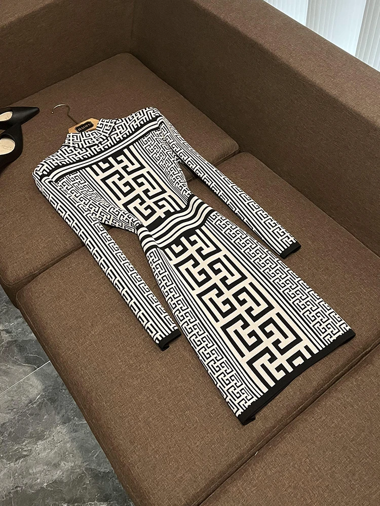 Geometric Pattern Knitted Long Sve Dr Stand Collar Base Skirt B897 Single Piece Ci Commute Autumn H pe Midi Dr