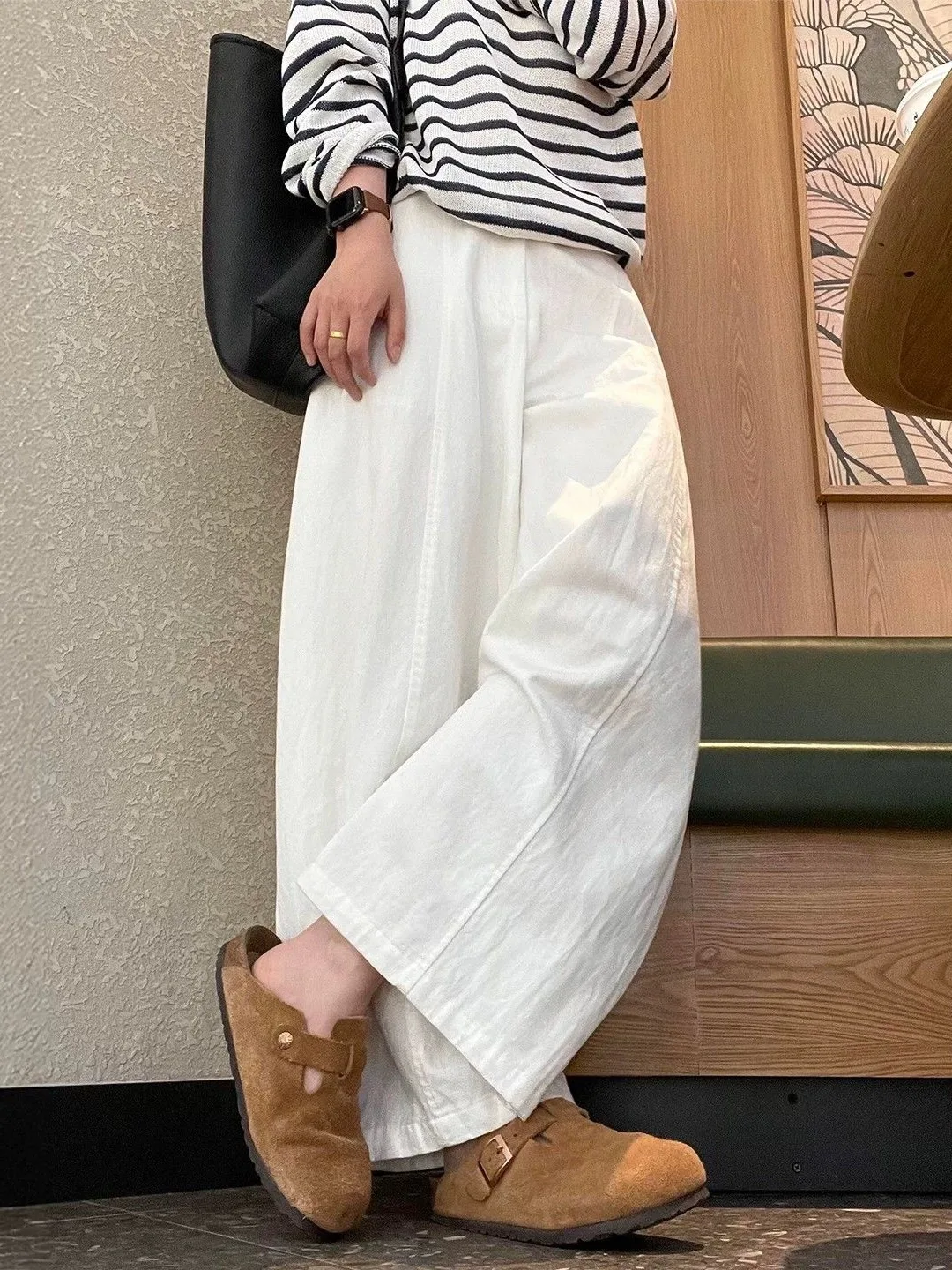 

White Cotton Linen Casual Pants Women Summer Thin Loose High Waist Loose Slimming Nine Points Wide Leg Pants Casual Style