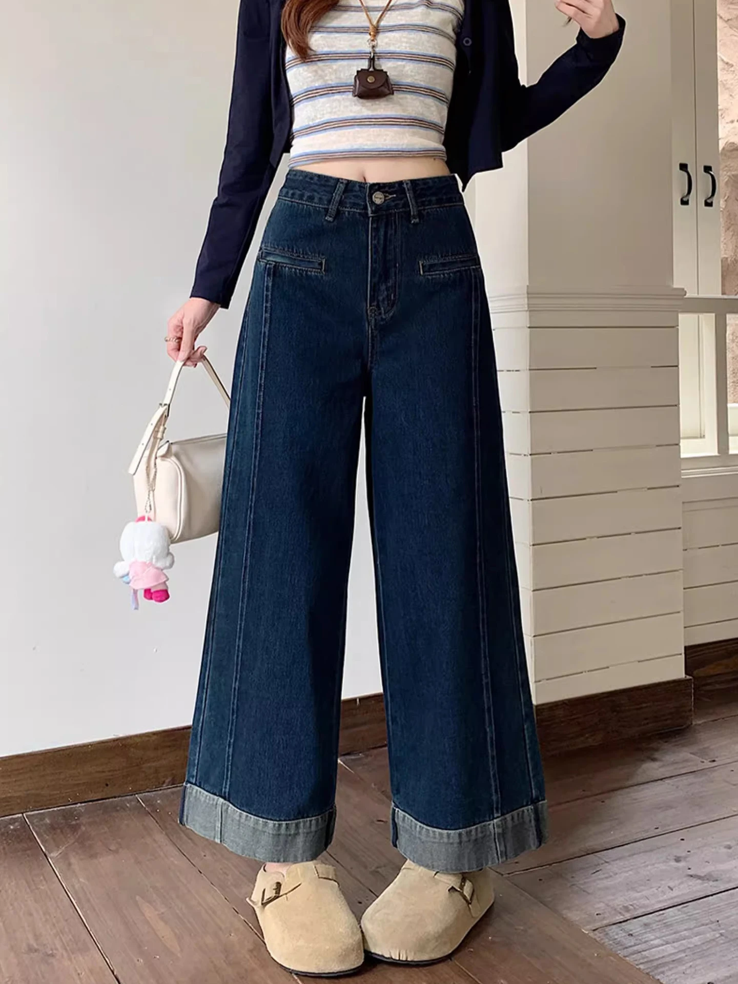 

Loose High Waist Straight Leg Blue Jeans plus Size Women's Pants Autumn Winter Wide Leg Trousers Comfortable Breathable Denim