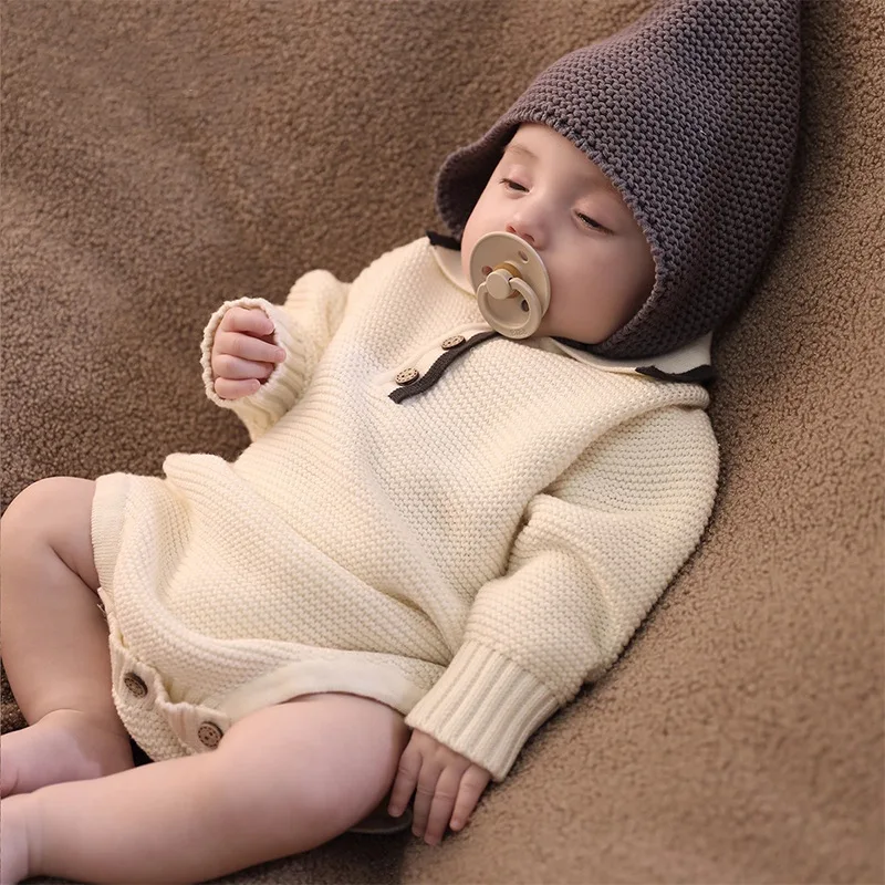 Baby Boy Classic Bodysuits White and Black Knitted Onesie Long Sleeve Romper