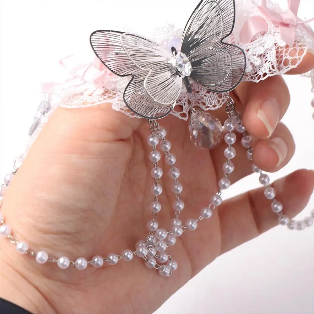 كريستال مقوس دانتيل المختنق اللؤلؤ شرابة لوليتا حجر الراين قلادة قلادة الترقوة سلسلة المرأة الرقبة مجوهرات فراشة قلادة #1