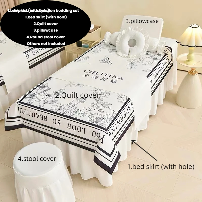 4pcs Beauty Salon Bed Cover Set, Class A Luxury Spa Massage Beskirt+quilt Cover+pillowcase+stool Cover Bedsing Sets LOGO