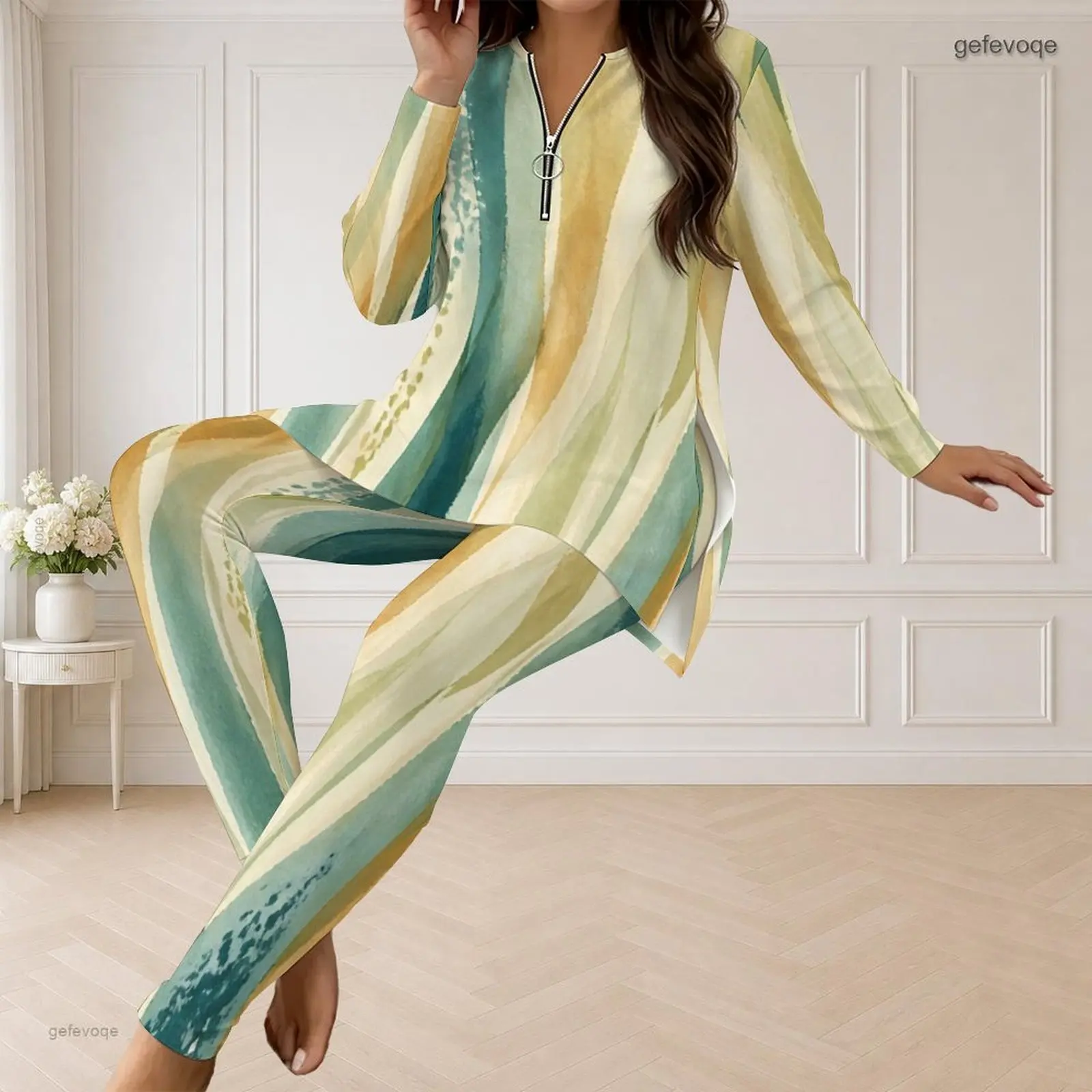 Fall Graphic Print Plus Size Sets Women V Neck Watercolor Vertical Stripe Plus Size Clothes Womens Clothing For Loungewear