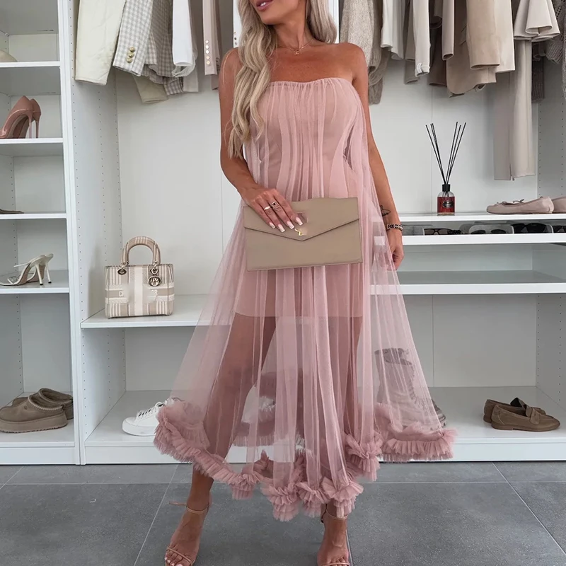 

Lady Sexy Off Shoulder Sleeveless Party Dress Elegant Strapless Backless Solid Evening Dress Fashion High Waist Pleat Long Dress