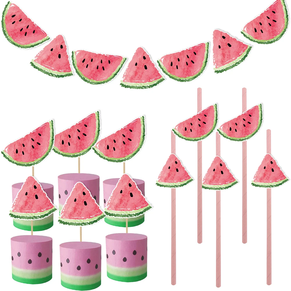 1Set Watermelon Eco-Paper Straws Hanging Banner Cake Toppers for Summer Watermelon Birthday Party Decor Kids Gifts Supplies
