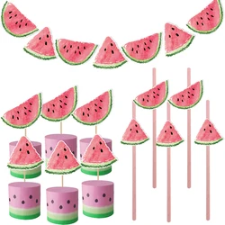 1Set Watermelon Eco-Paper Straws Hanging Banner Cake Toppers for Summer Watermelon Birthday Party Decor Kids Gifts Supplies