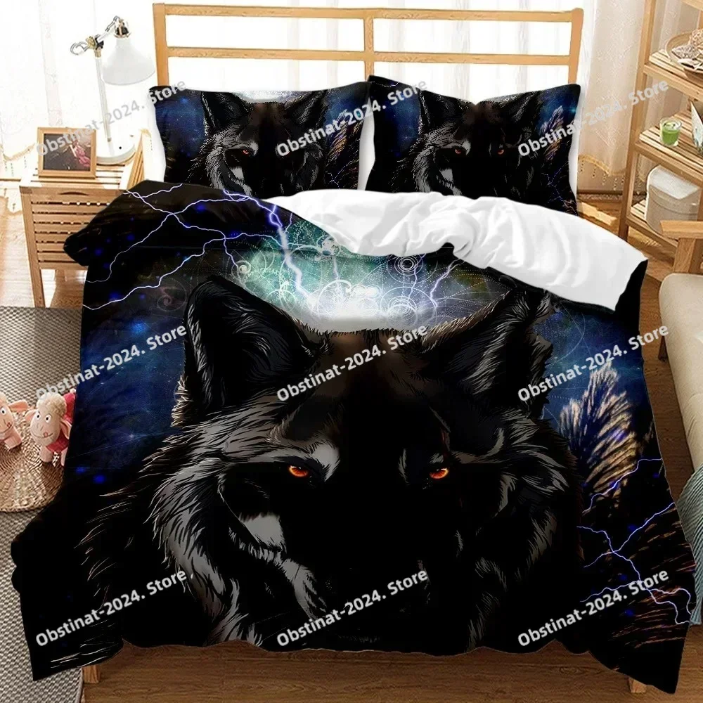 Wolf Duvet Cover Set Animal Pattern Bedding Set Cool Wildlife Comforter Cover Kids Glitter Blue Wild Wolf Polyester Qulit Cover